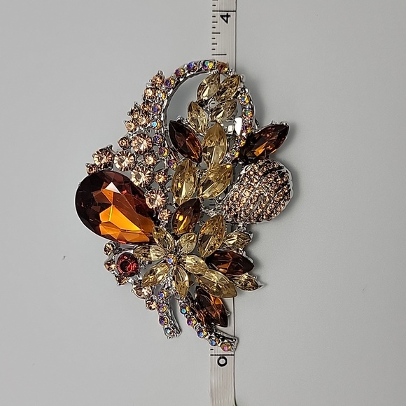 European American Large AB Amber Colored Glass Luxury Floral Brooch 3" Statement - Picture 6 of 8